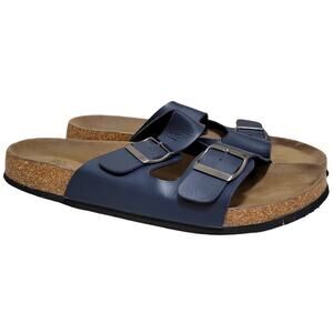 R&R Men Double Strap Footbed Slide Sandal Size US L 10-11 Navy Blue Faux Leather
